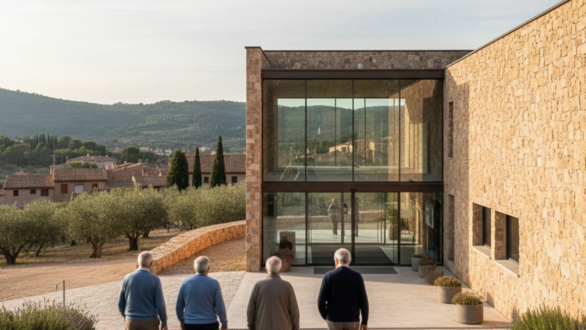 Façana d'un centre cívic modern amb gent gran entrant i sortint a Catalunya.