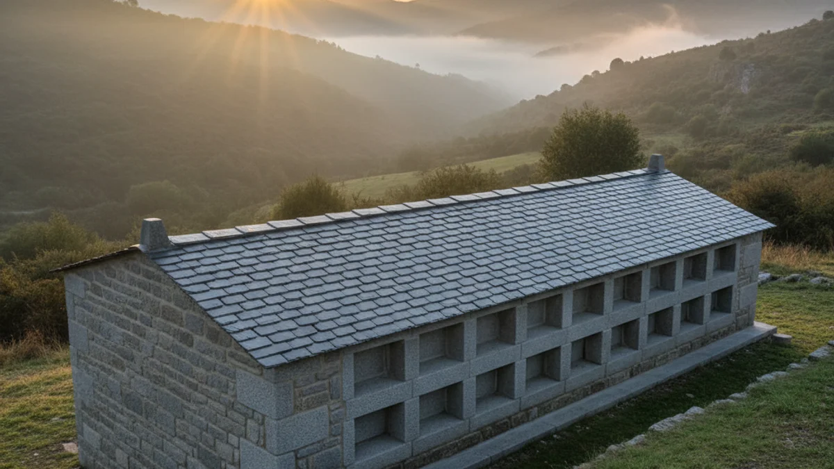 Imagen genérica de la fachada rehabilitada de un cementerio municipal con nuevos nichos y cubierta de piedra.