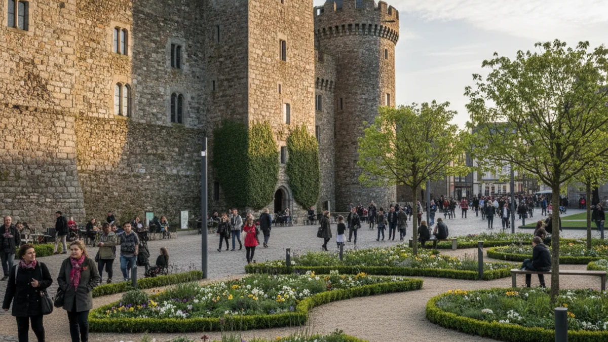 Imatge genèrica de l'entorn d'un castell medieval amb zones enjardinades i muralles de pedra.