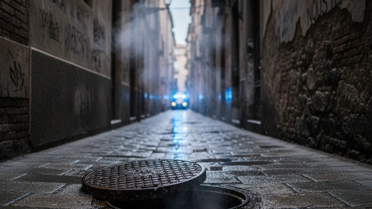 Generic image of an urban alley with a sewer grate in the foreground at dusk.