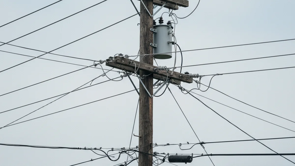 Detall de cables elèctrics i un pal de subministrament en una zona residencial.