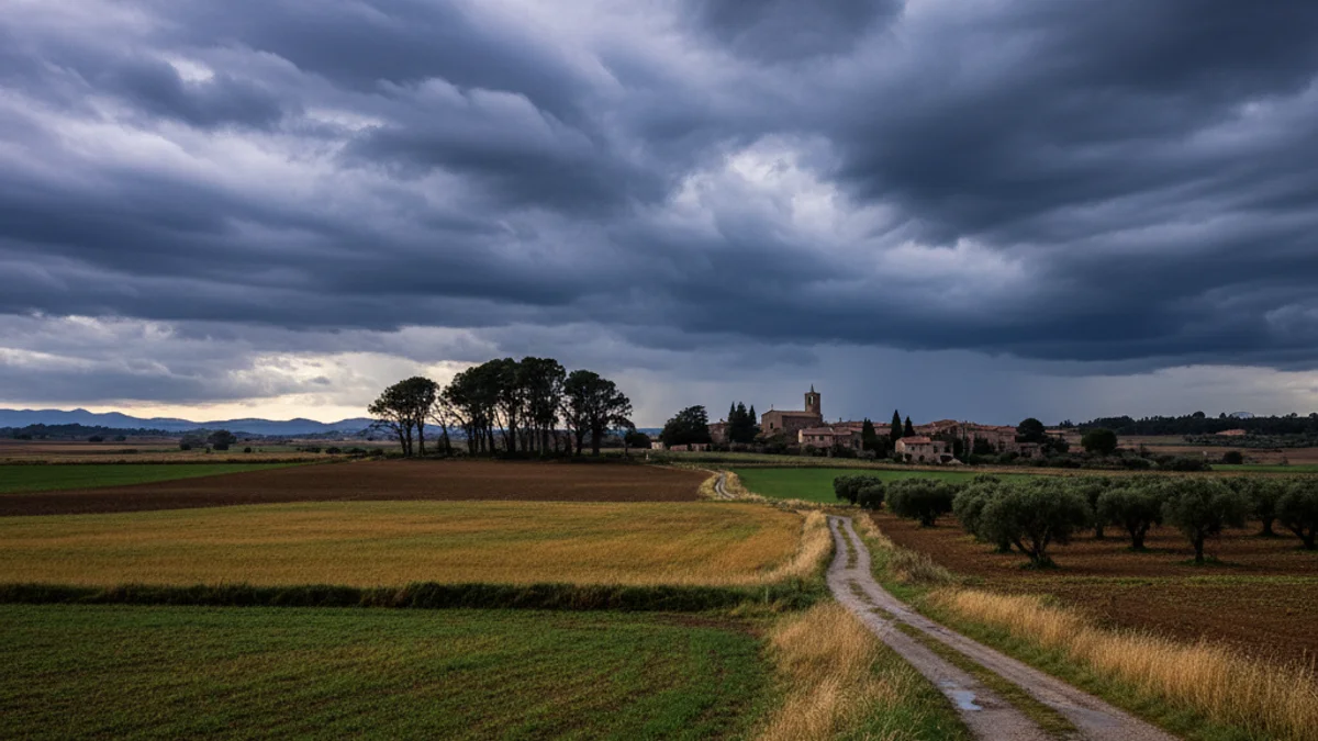 Paisatge de l'Alt Empordà sota un cel amenaçador amb núvols de tempesta.