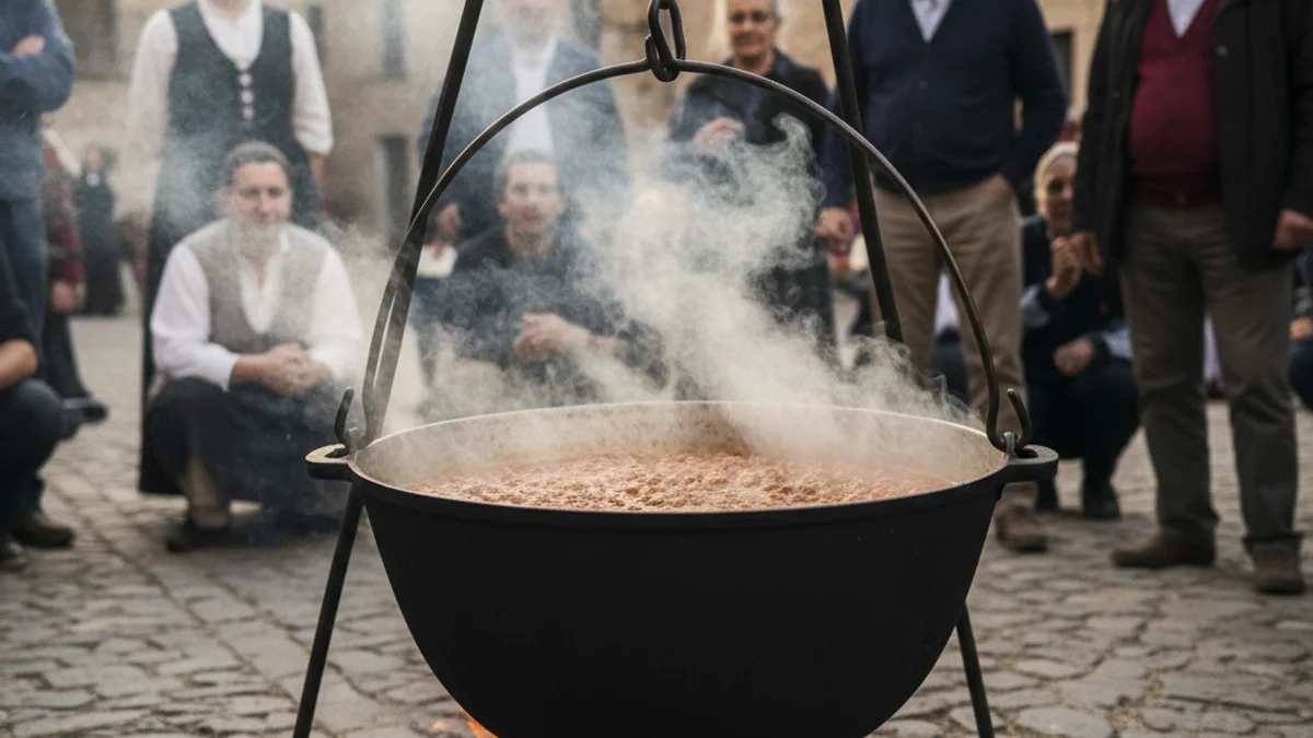 Imatge genèrica d'una gran cassola de sopa cuinant-se al foc en una plaça pública.