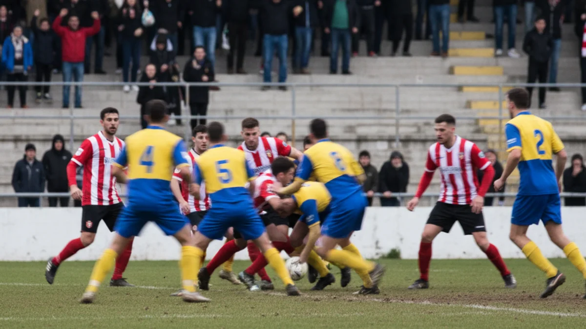 Imatge genèrica d'un partit de futbol de Tercera Federació amb jugadors en acció al camp.