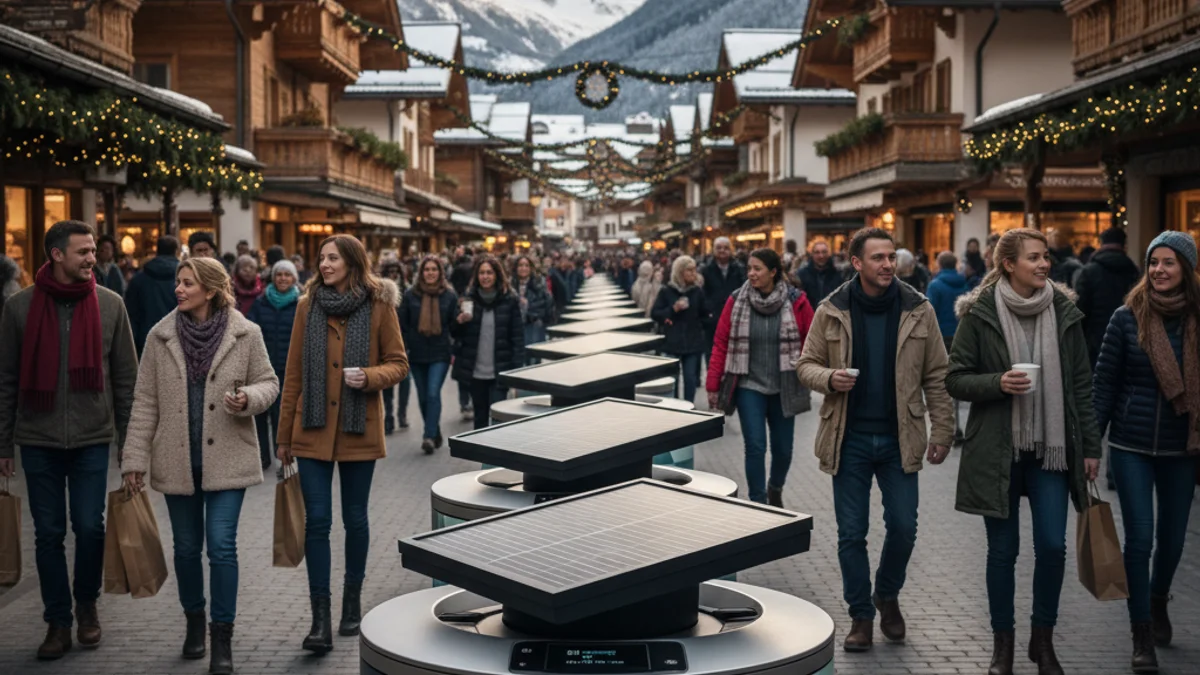 Generic image of new smart trash bins with solar panels installed in a commercial area.