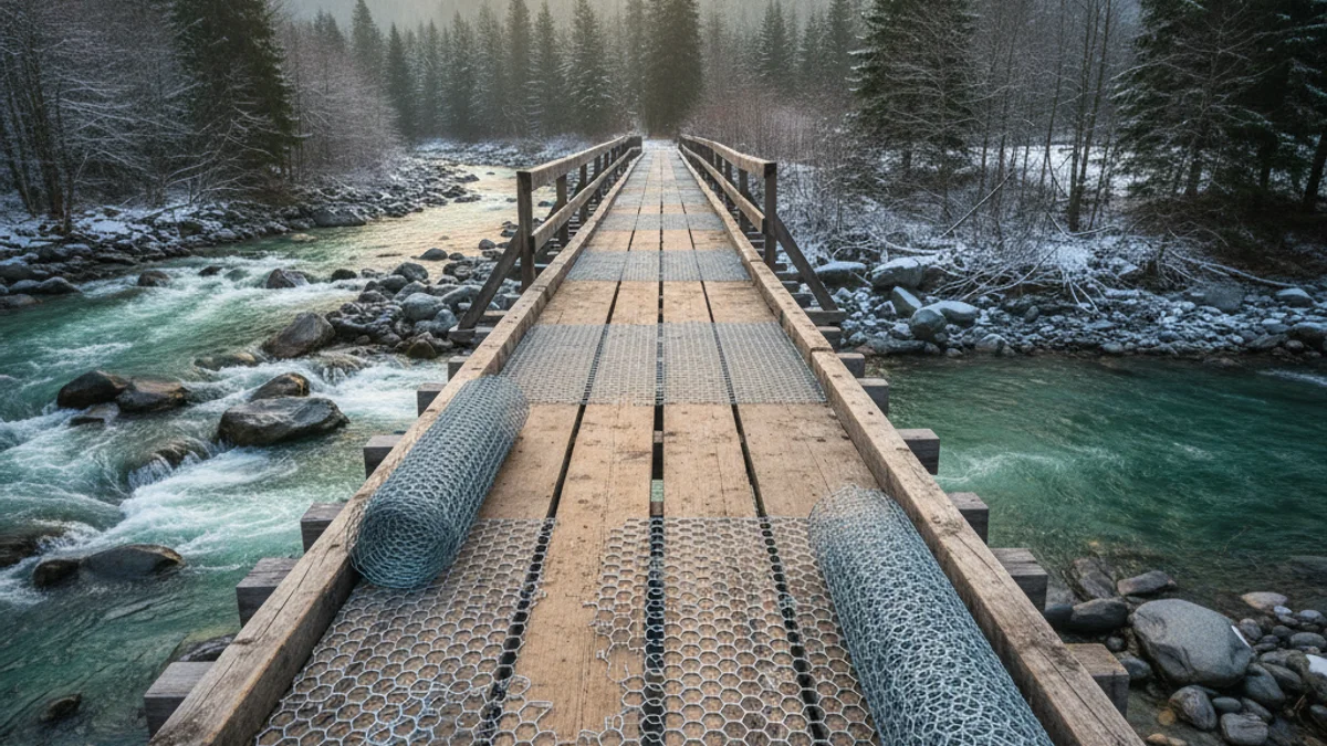 Imatge genèrica d'una passarel·la de fusta amb malla antilliscant instal·lada per a la seguretat hivernal.