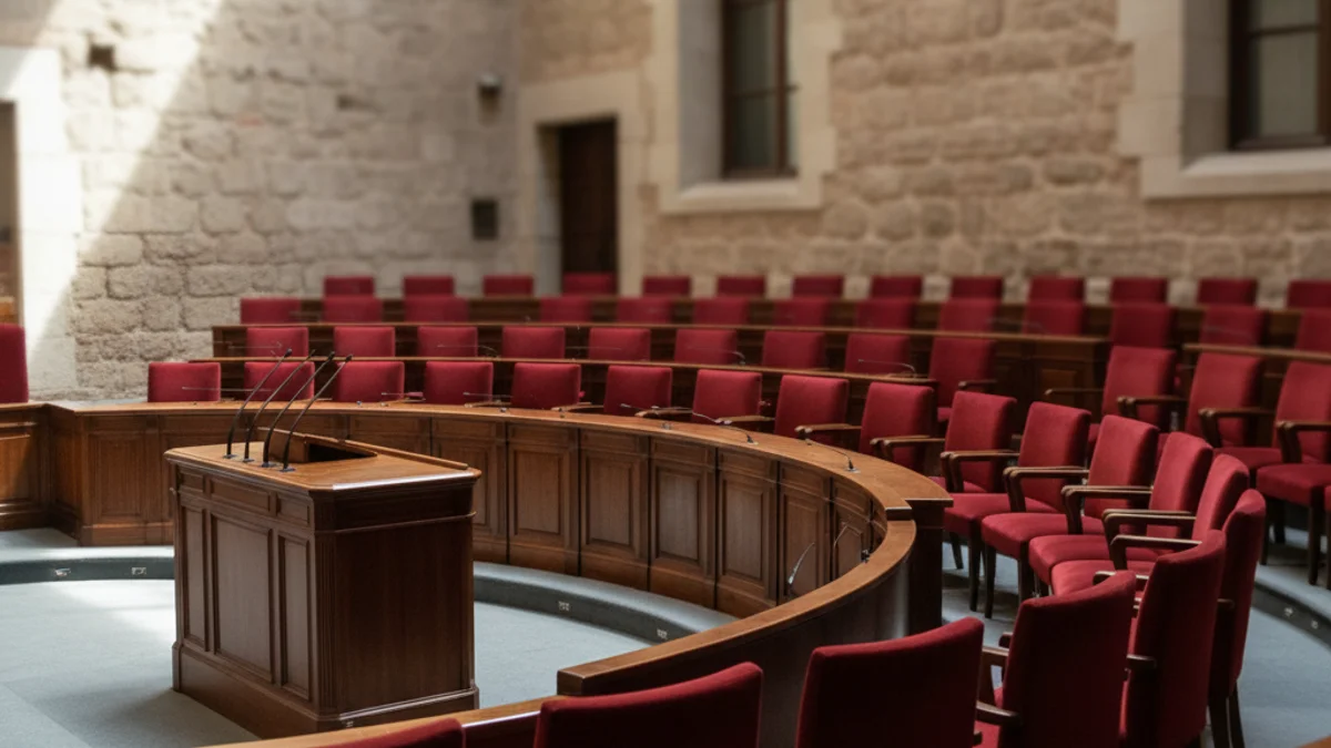 Generic image of a municipal plenary hall with microphones and empty chairs.
