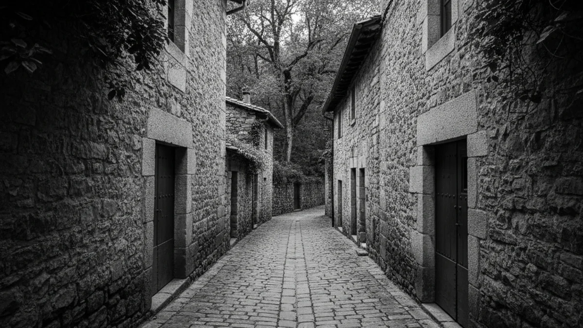 Carrer de pedra tranquil en un poble històric català, amb cases antigues i vegetació.