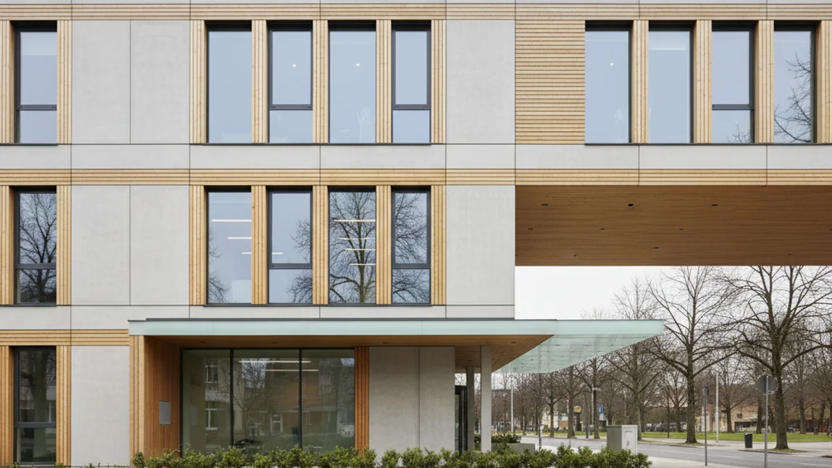 Façana d'un centre sociosanitari modern amb finestres àmplies i zones enjardinades.