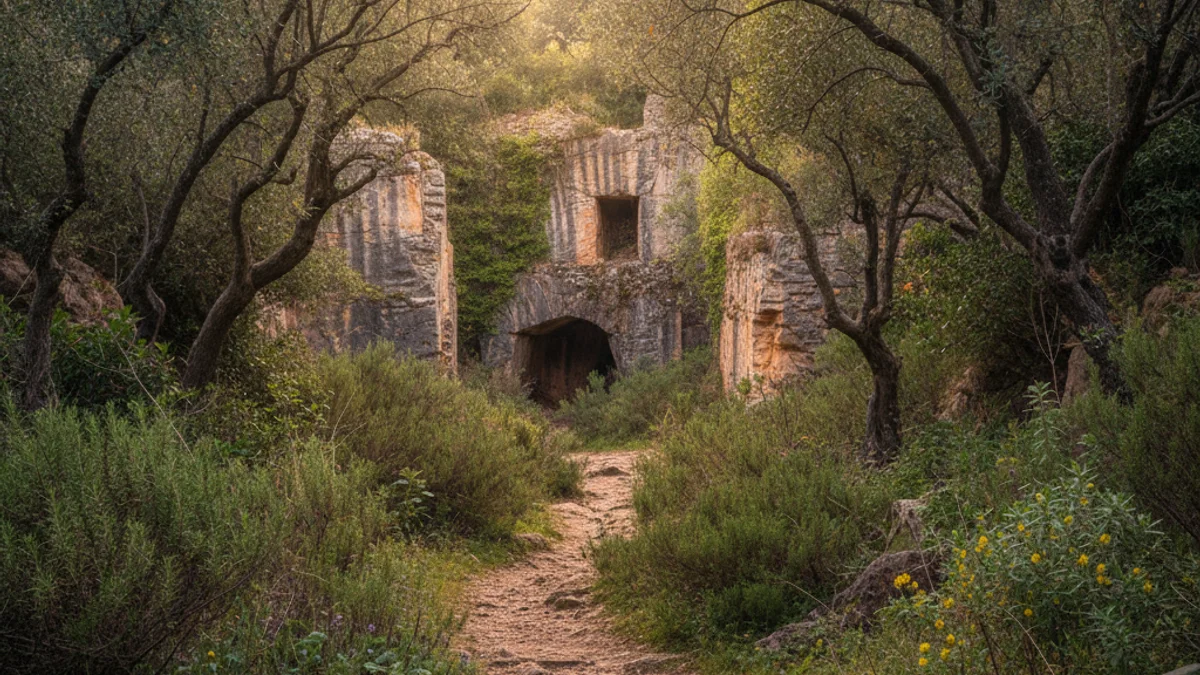 Imatge genèrica d'un camí forestal que voreja una antiga pedrera de pedra.