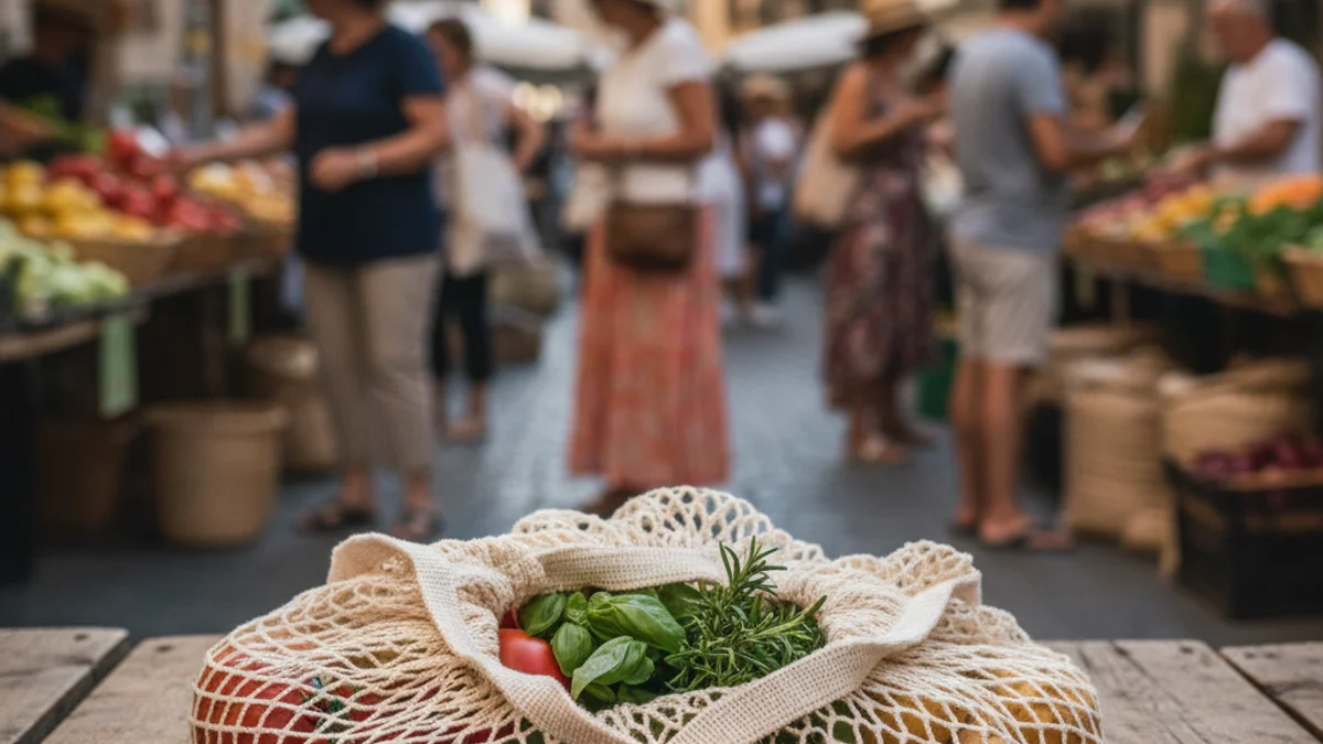 Imatge genèrica d'una bossa de malla reutilitzable amb verdures fresques en un mercat.