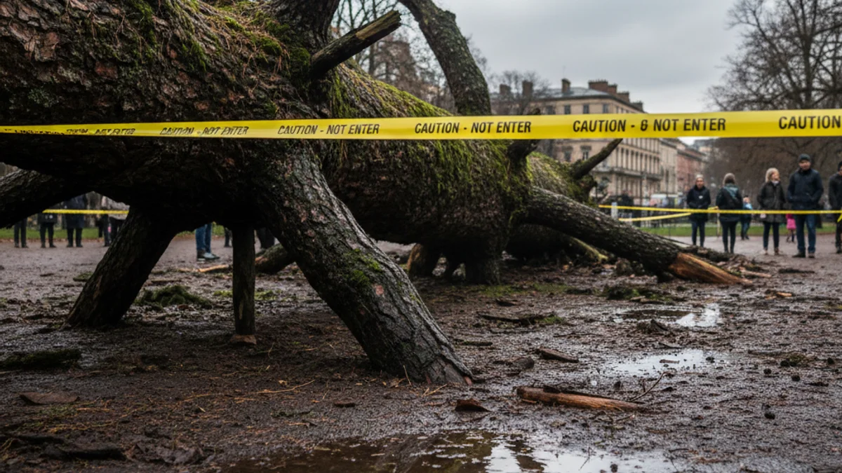 Imatge genèrica d'un arbre caigut en un parc urbà després d'un temporal de pluja i vent.