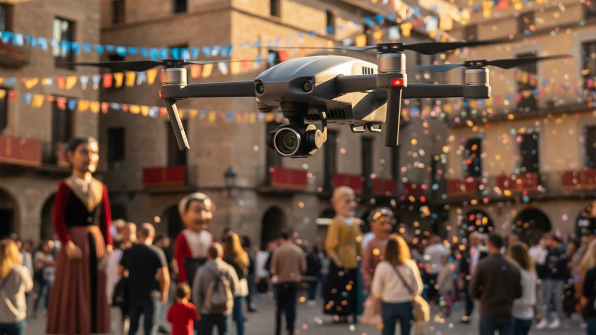 Imatge genèrica d'un dron de vigilància sobrevolant una zona urbana durant un esdeveniment festiu.