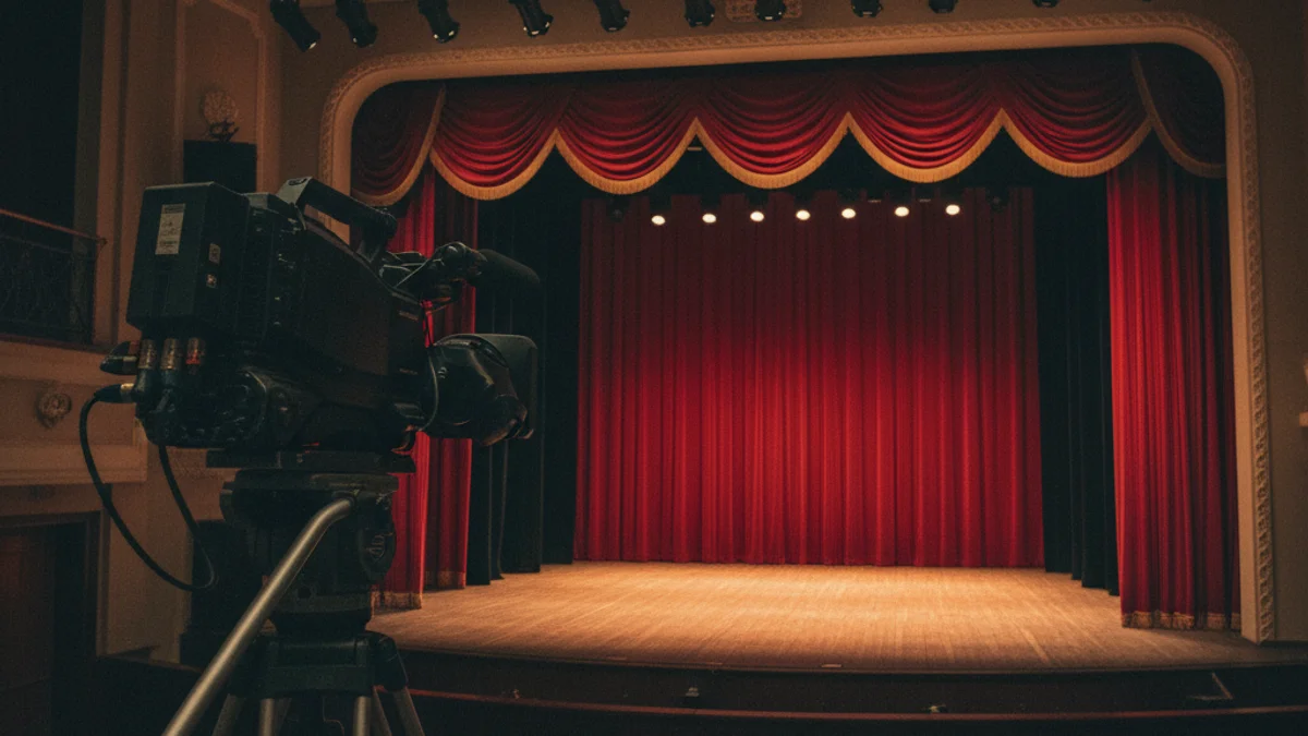 Una càmera de televisió enfocant un escenari de teatre buit amb il·luminació festiva.