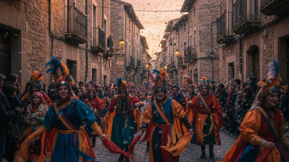 Imagen genérica de un desfile de Carnaval con gente disfrazada recorriendo las calles de un pueblo al atardecer.