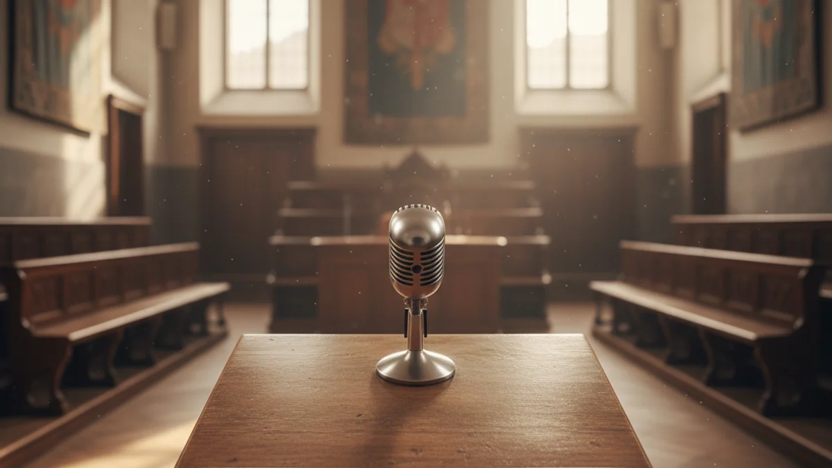 Imagen genérica de un micrófono en un podio de una sala de plenos municipal.