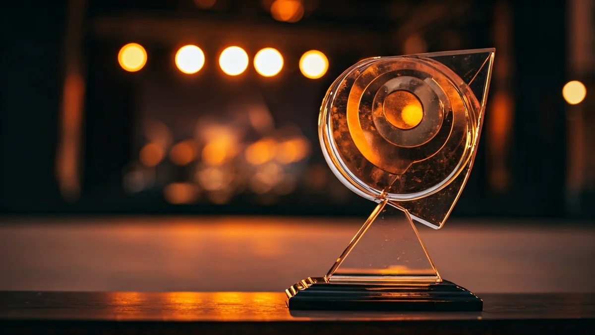 Imagen genérica de un trofeo de premios musicales con luces de escenario de fondo.