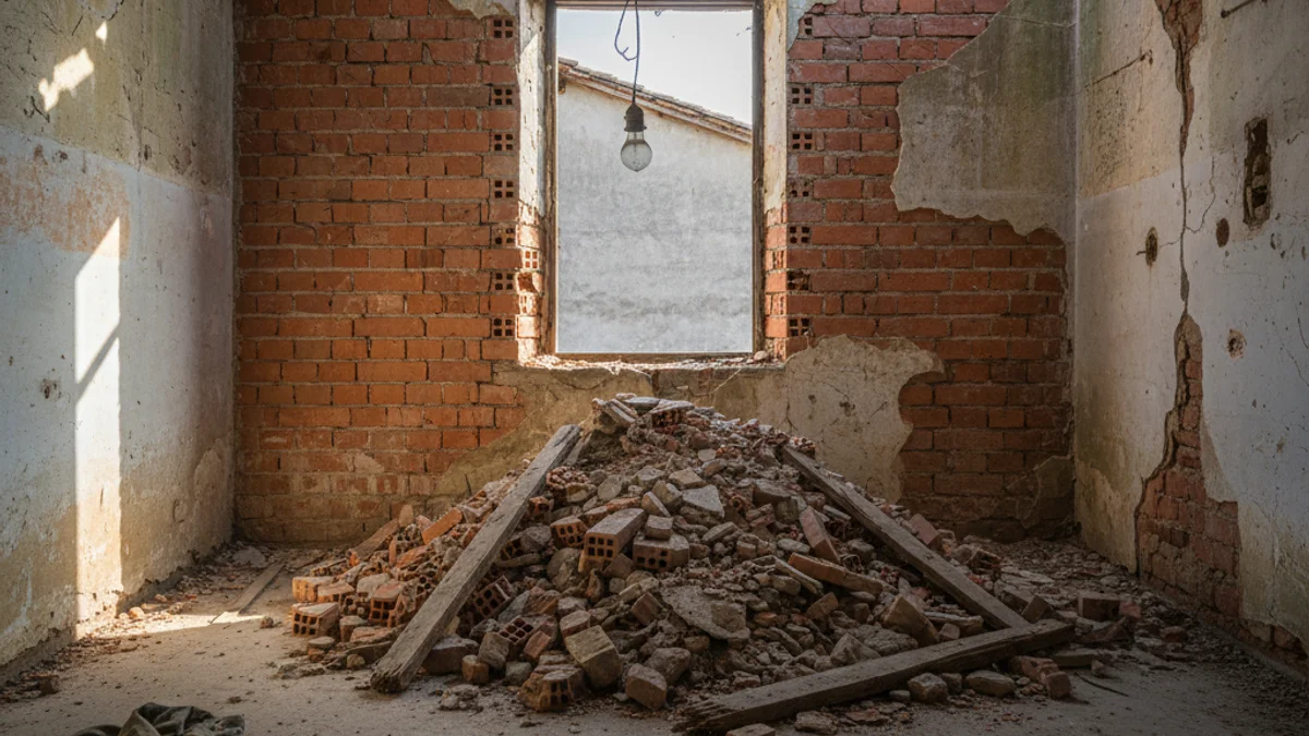 Imatge genèrica de l'interior d'una casa en obres amb runes i parets sense acabar.