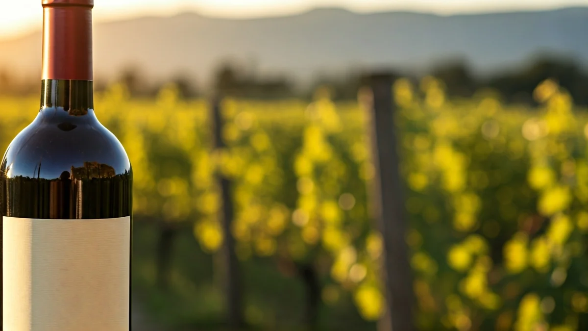 Generic image of a wine bottle with a vineyard in the background, under warm Mediterranean sunlight.