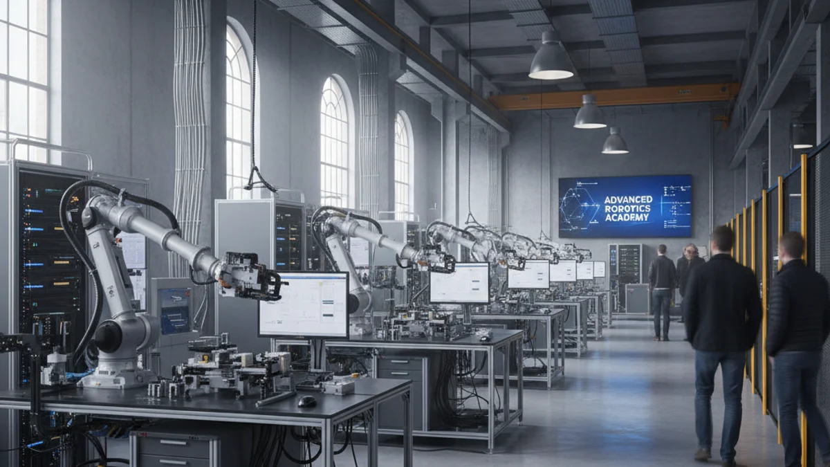 Imagen genérica de un centro de formación técnica con brazos robóticos industriales.