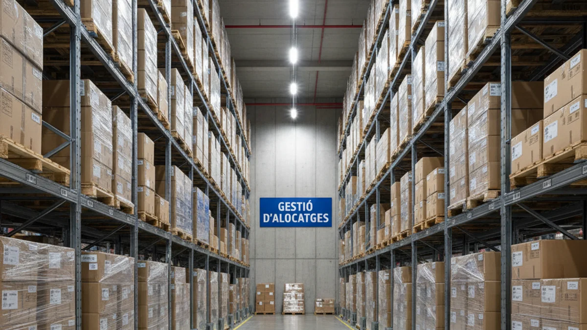 Imatge genèrica de l'interior d'un magatzem logístic amb prestatgeries i caixes.