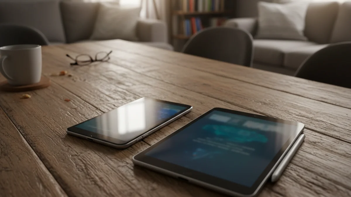 Imagen genérica de dispositivos digitales sobre una mesa, representando el uso de pantallas en el ámbito familiar.