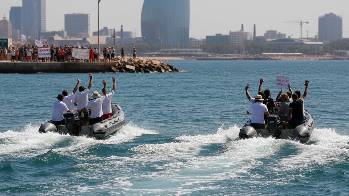 Imatge genèrica de llanxes ràpides navegant davant la costa de Barcelona amb l'Hotel W al fons.