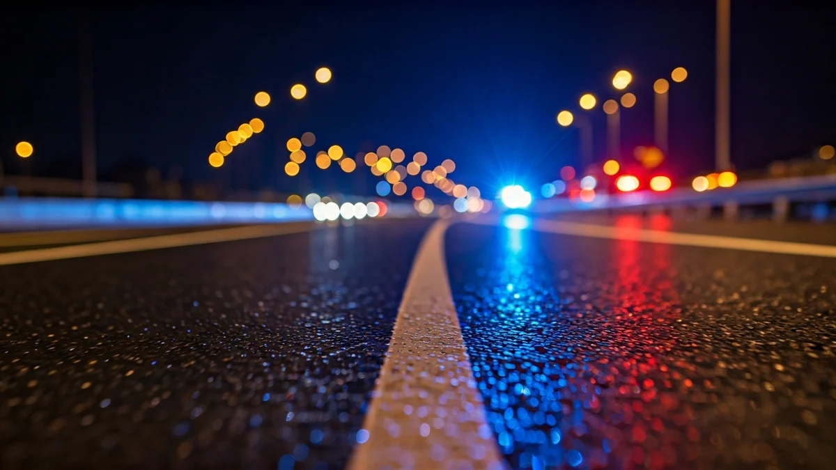 Imatge genèrica de llums d'emergència reflectides sobre l'asfalt mullat en una autopista.