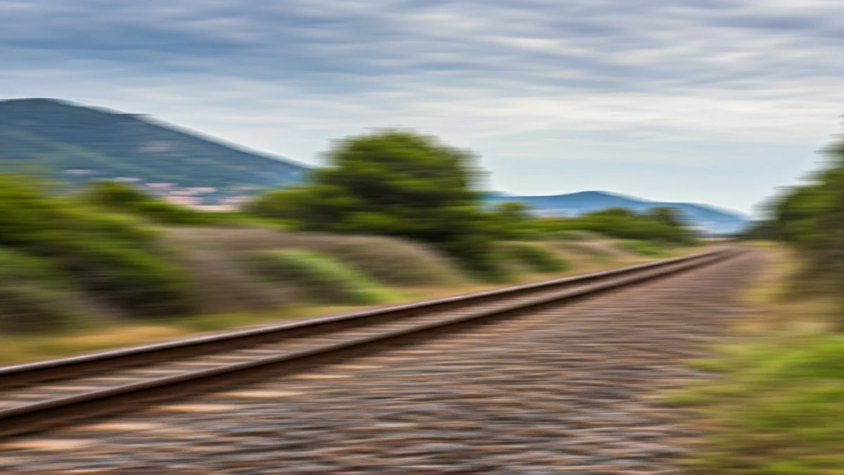 Imatge genèrica de vies de tren en un paisatge costaner ventós, amb vegetació borrosa i un cel dramàtic.