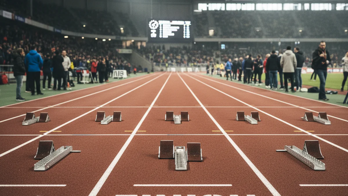 Imagen genérica de una pista de atletismo cubierta con la línea de meta en primer plano.