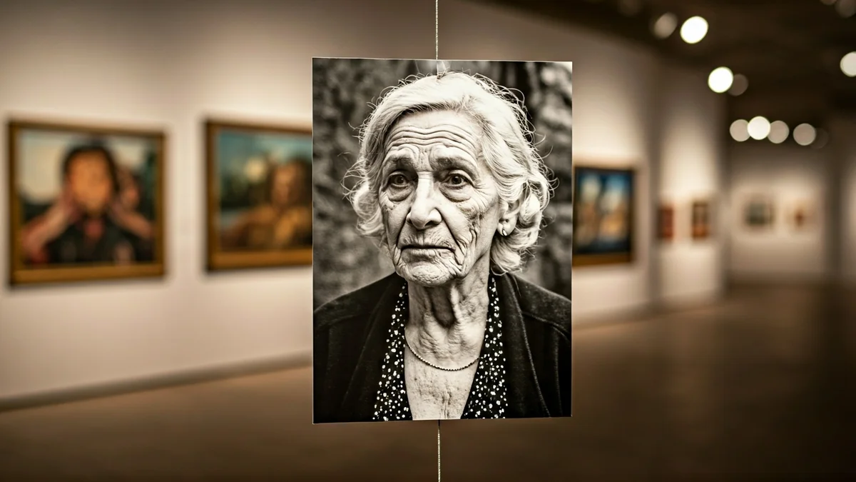 Imagen genérica de una fotografía en blanco y negro de una mujer mayor expuesta en una galería de arte.