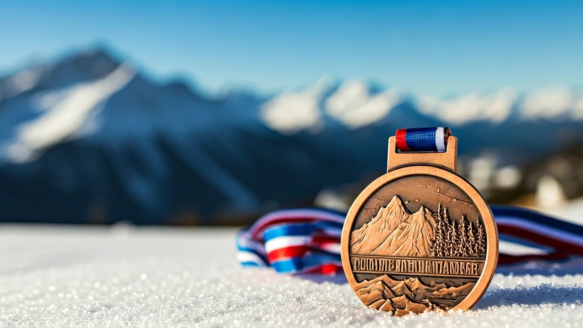Imagen genérica de una medalla de bronce con un motivo de esquí de montaña sobre nieve.