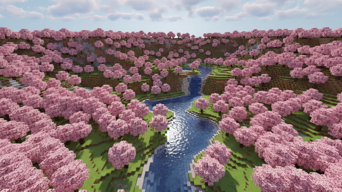 Imatge genèrica d'un paisatge digital de camps florits recreat amb blocs de videojoc.