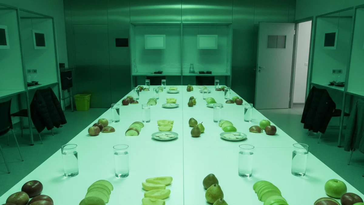 Imagen genérica de una cata sensorial de fruta con iluminación controlada para el análisis de datos.