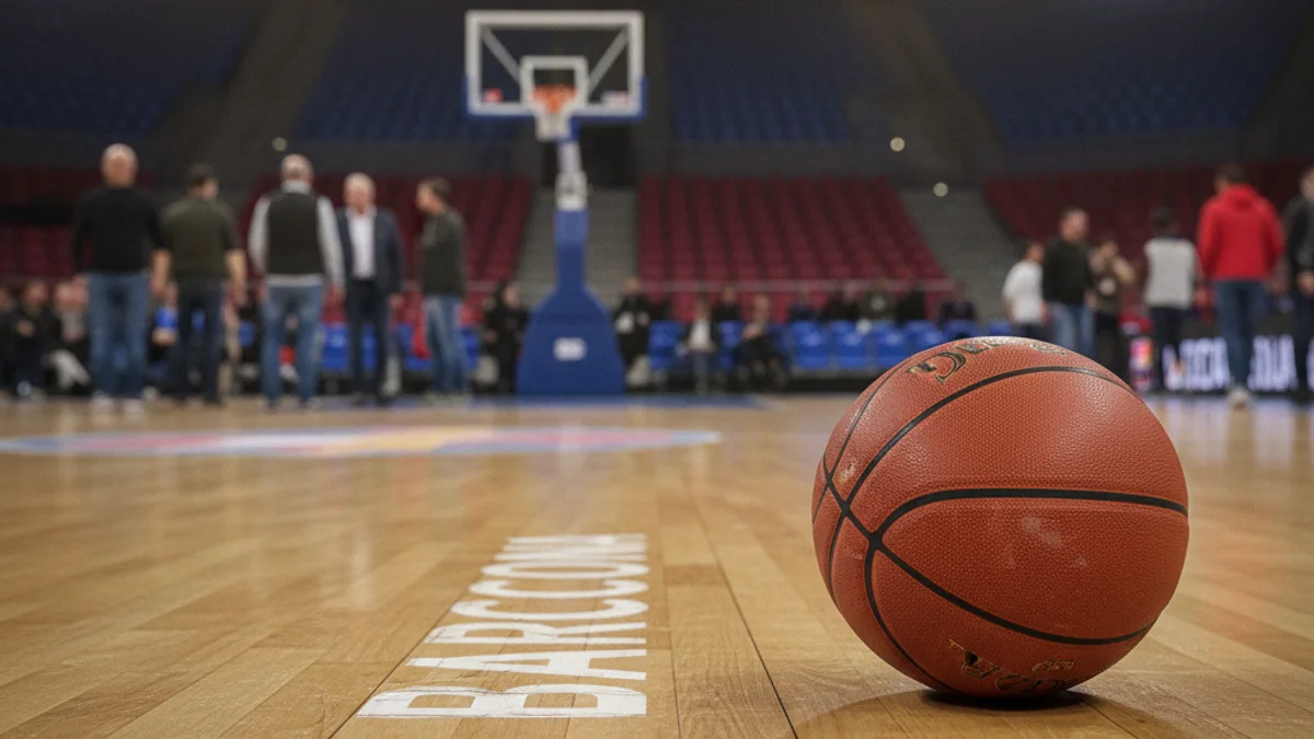 Imatge genèrica d'una pilota de bàsquet sobre el parquet d'un pavelló esportiu.