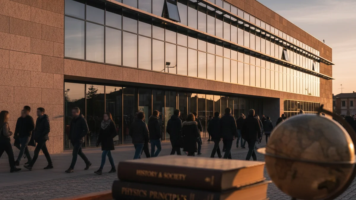 Imatge genèrica d'un entorn educatiu amb llibres i un globus terraqüi davant d'un institut.