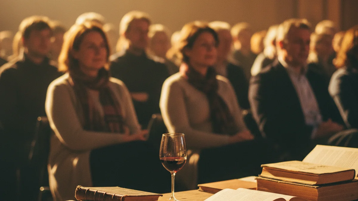 Imagen genérica de un evento cultural con libros y vino sobre una mesa.