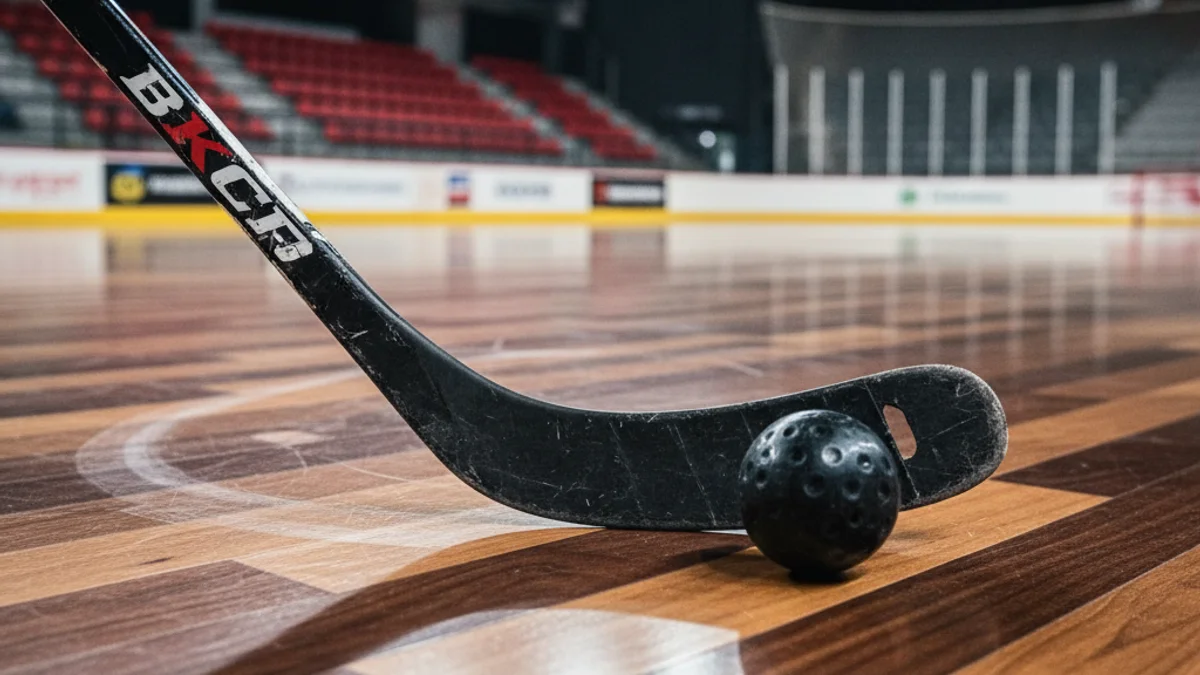 Imatge genèrica d'un estic i una bola d'hoquei patins sobre una pista de parquet.