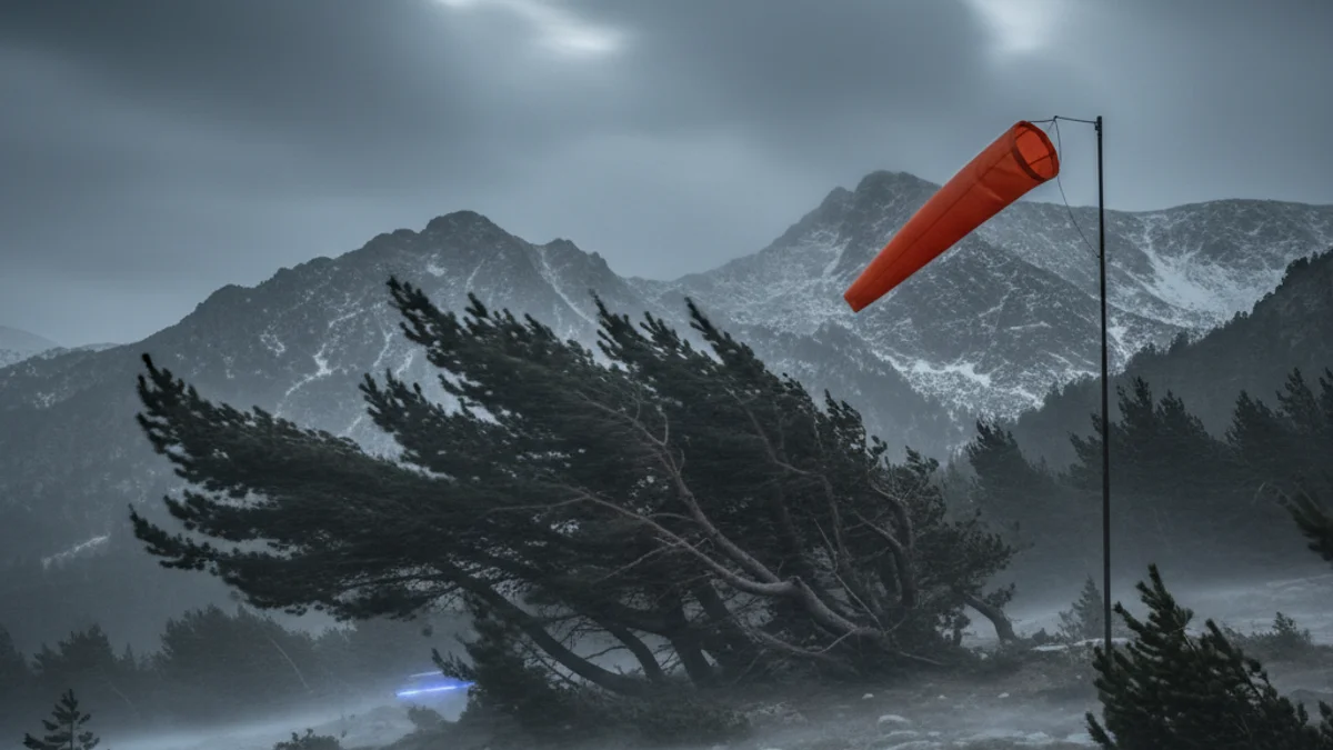 Imatge genèrica d'un paisatge de muntanya sota els efectes d'un fort temporal de vent.