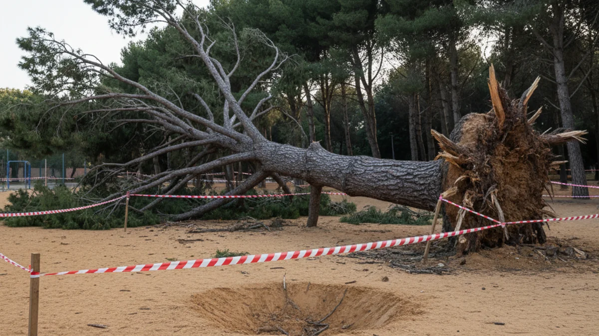 Generic image of a fallen pine tree in a school playground cordoned off with safety tape.