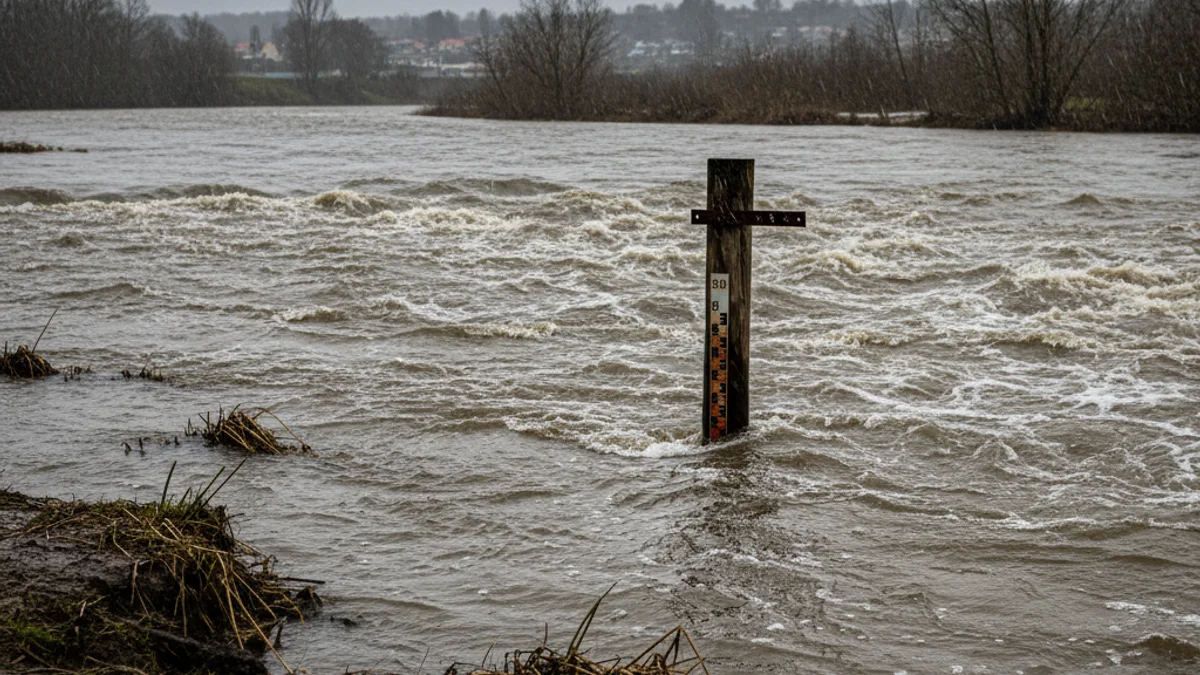 Imatge genèrica del cabal d'un riu molt crescut sota un cel tapat.