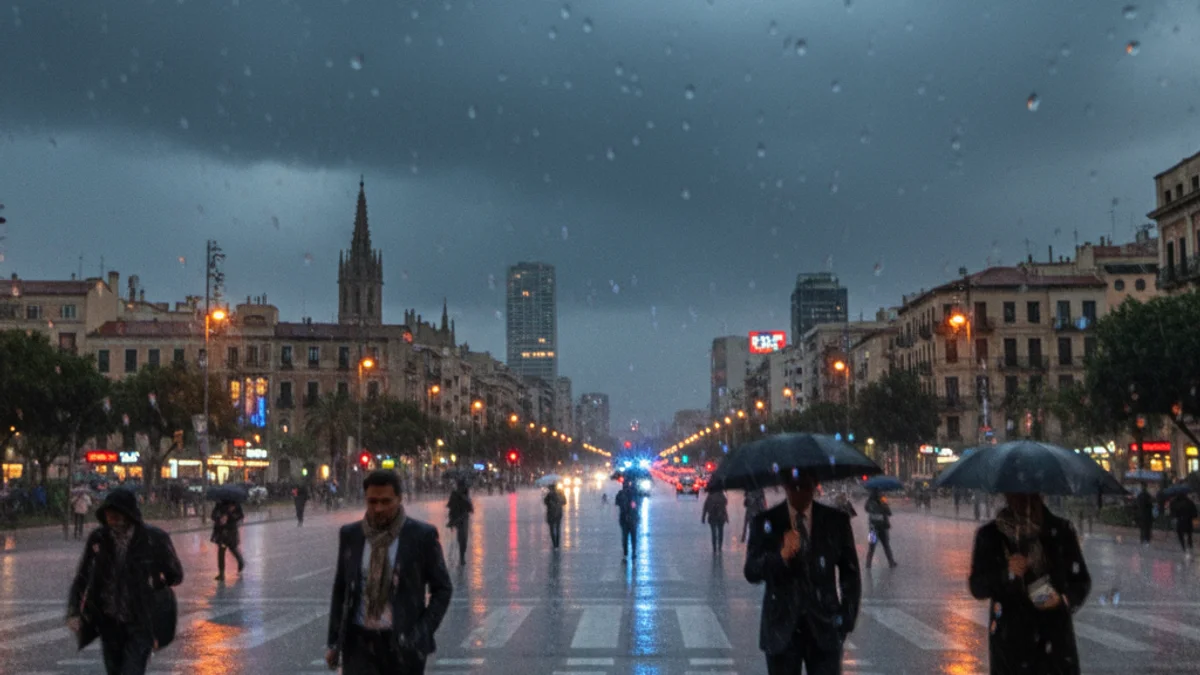 Imatge genèrica d'un carrer sota una pluja intensa amb reflexos de llums a l'asfalt.