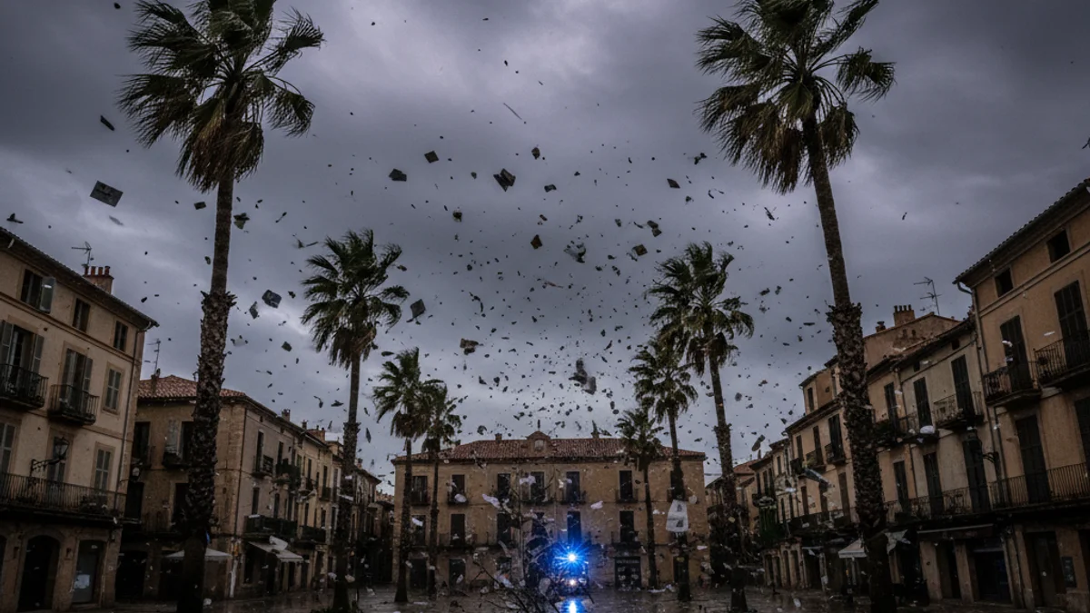 Imagen genérica de una calle con árboles doblados por el fuerte viento durante una alerta meteorológica.
