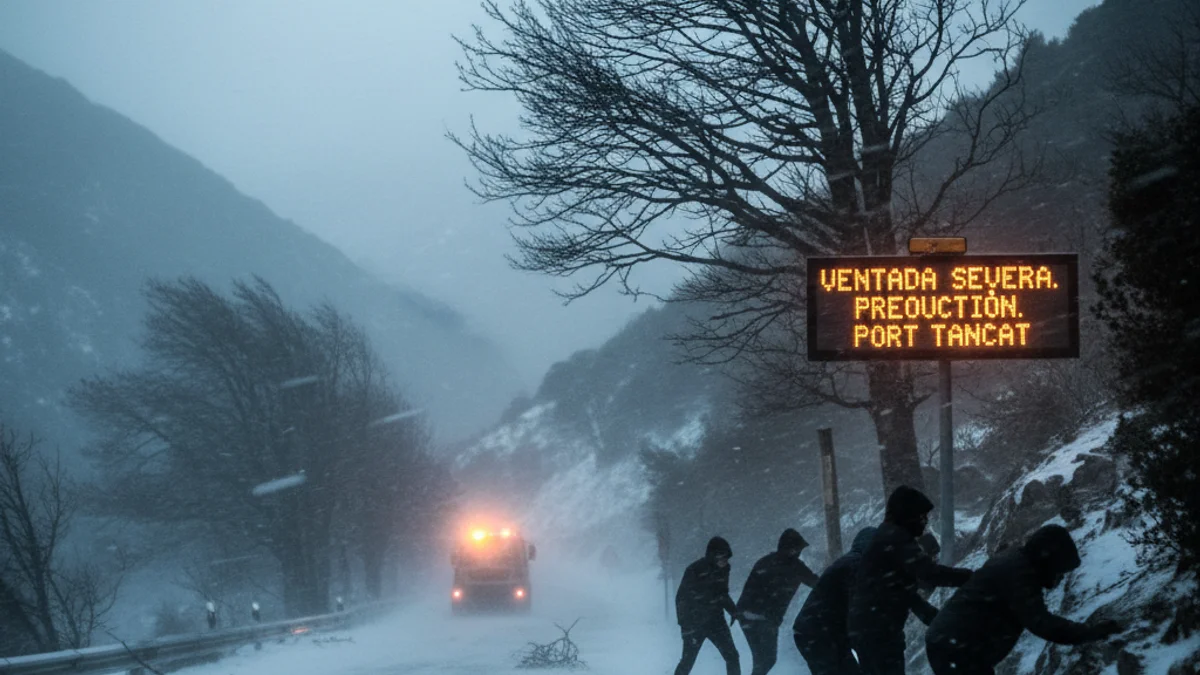Generic image of a mountain landscape under the effects of a strong windstorm.