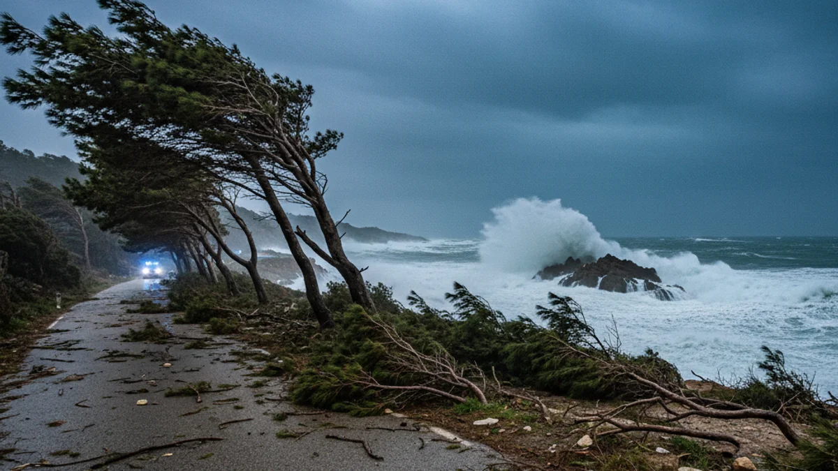 Imatge genèrica d'un paisatge costaner sota els efectes d'un fort temporal de vent i mala mar.