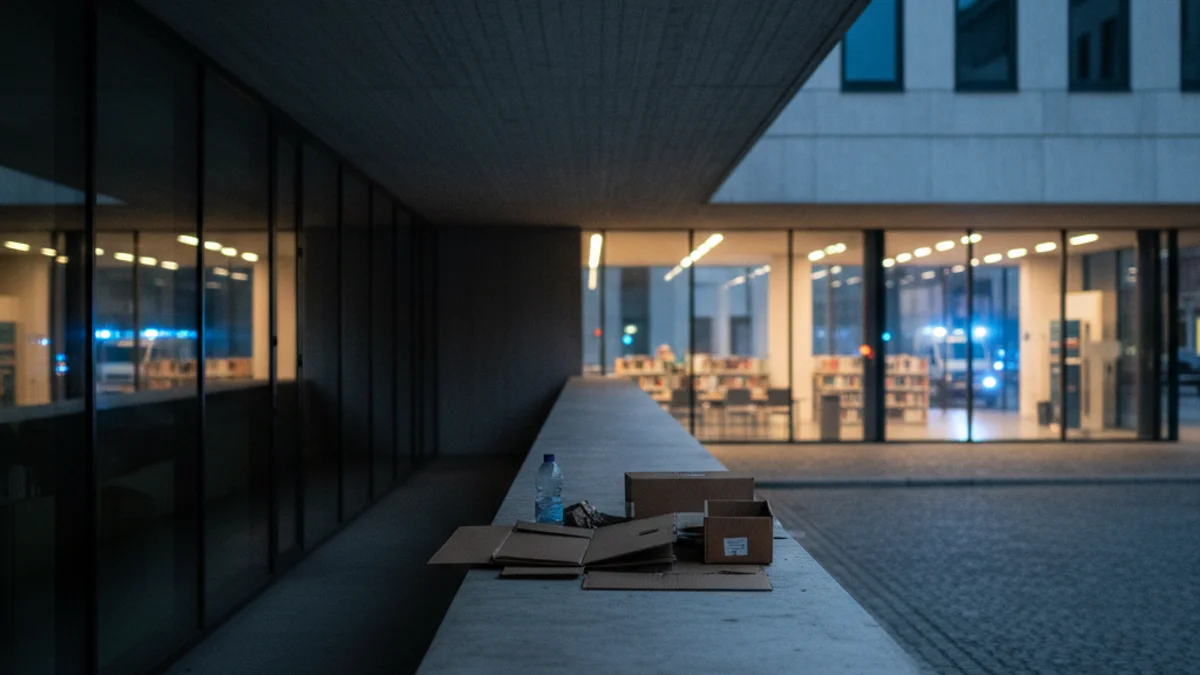 Imatge genèrica d'un voladís de formigó en un edifici modern on s'aprecien cartrons i objectes personals.