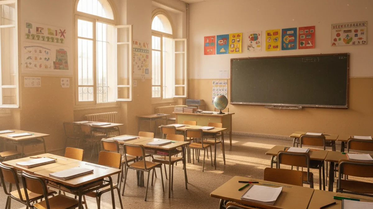 Imatge genèrica d'una aula de primària buida amb pupitres i llum natural.