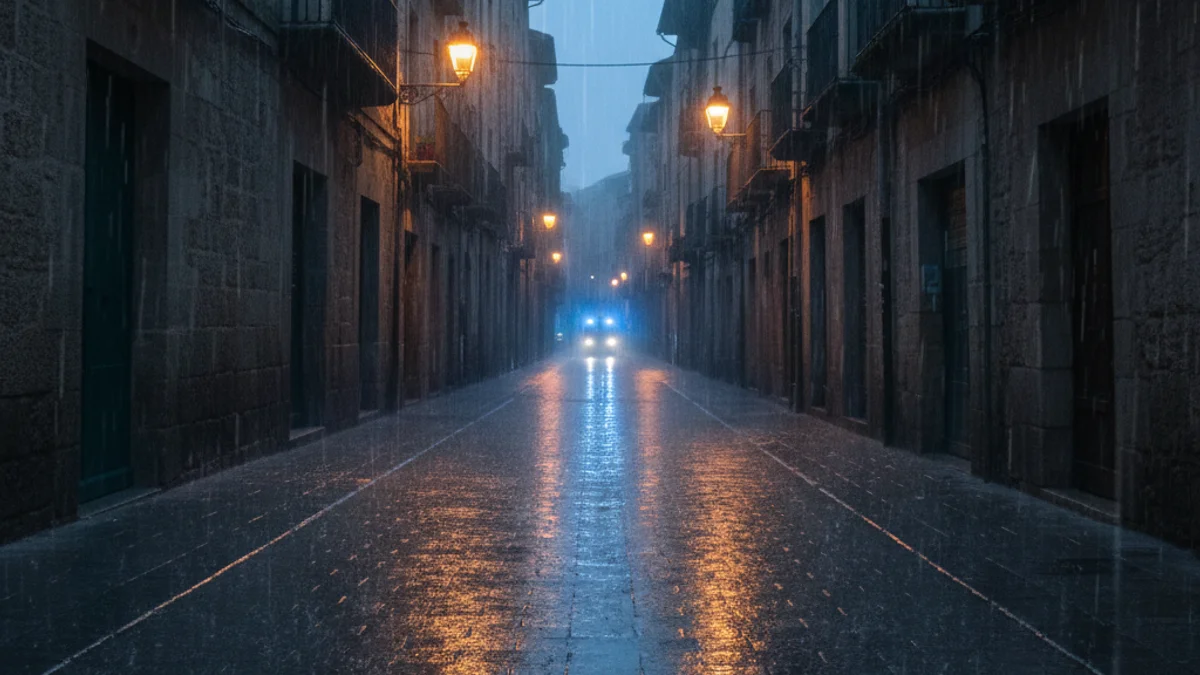 Imatge genèrica de pluja intensa caient sobre l'asfalt d'un carrer.