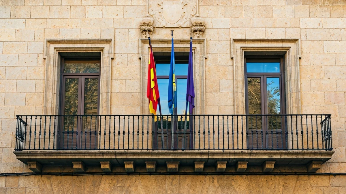 Imatge genèrica de la façana d'un ajuntament català amb balcó de ferro forjat sota la llum del sol.