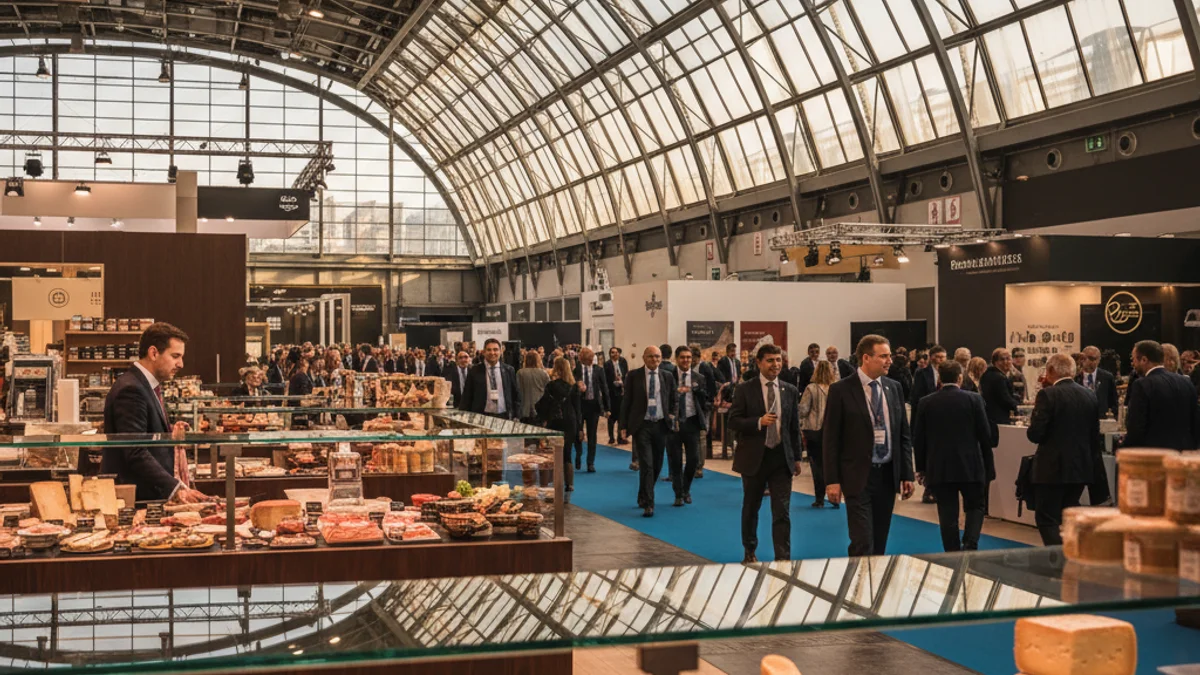 Imatge genèrica d'un pavelló firal modern amb expositors de productes alimentaris i visitants professionals.